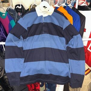 Izod Blue and Black Striped Rugby Shirt Medium fits Oversized